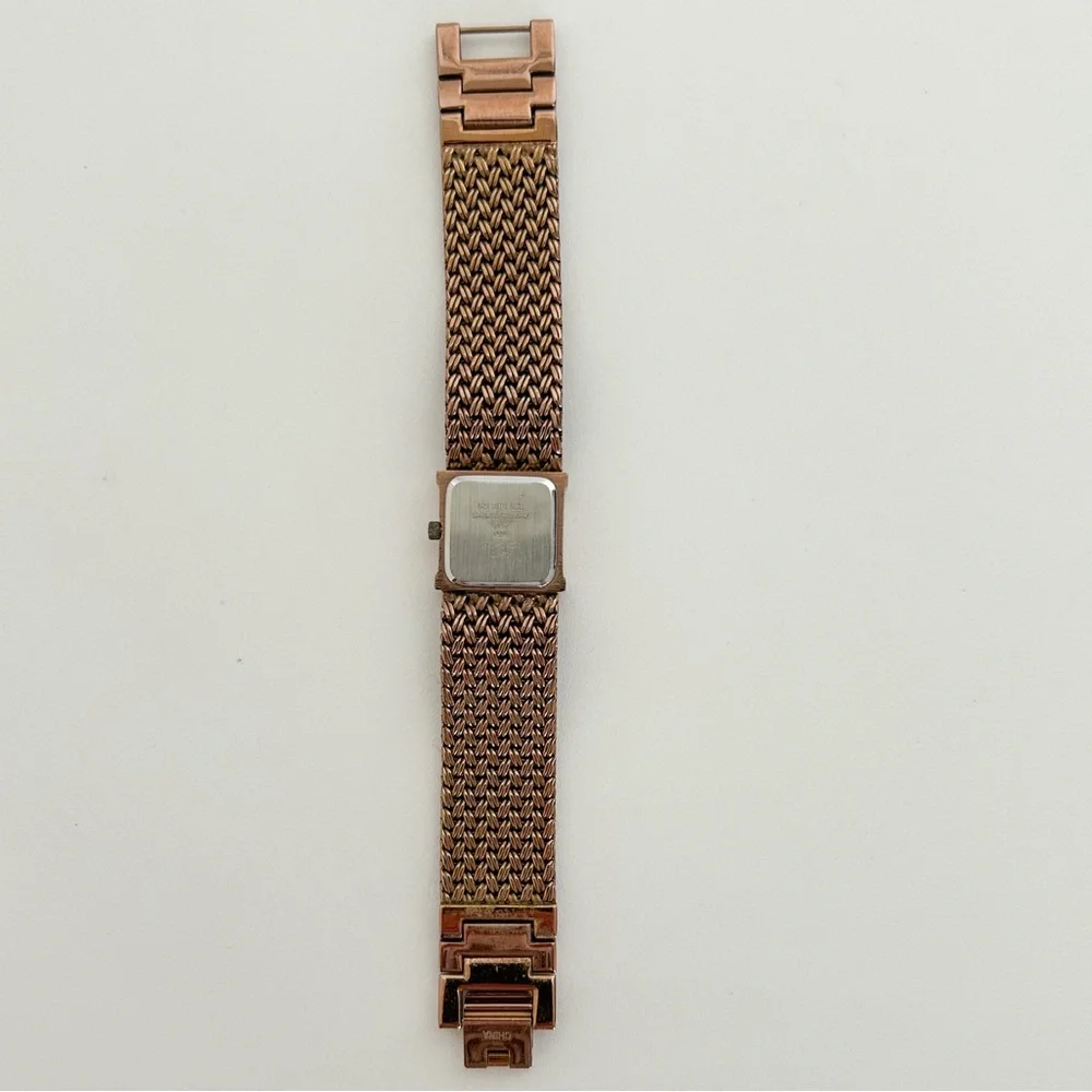 Anne Klein rose gold tone square copper analog watch rhinestone mesh braided